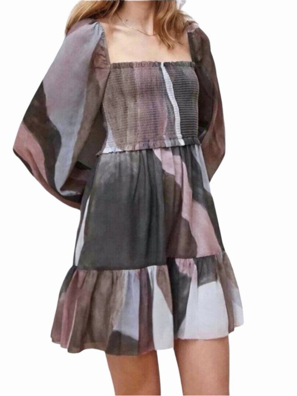 Wilfred Tempest Dress Smocked Square-Neck Puff Sleeve Mini Dress in Mauve Multi